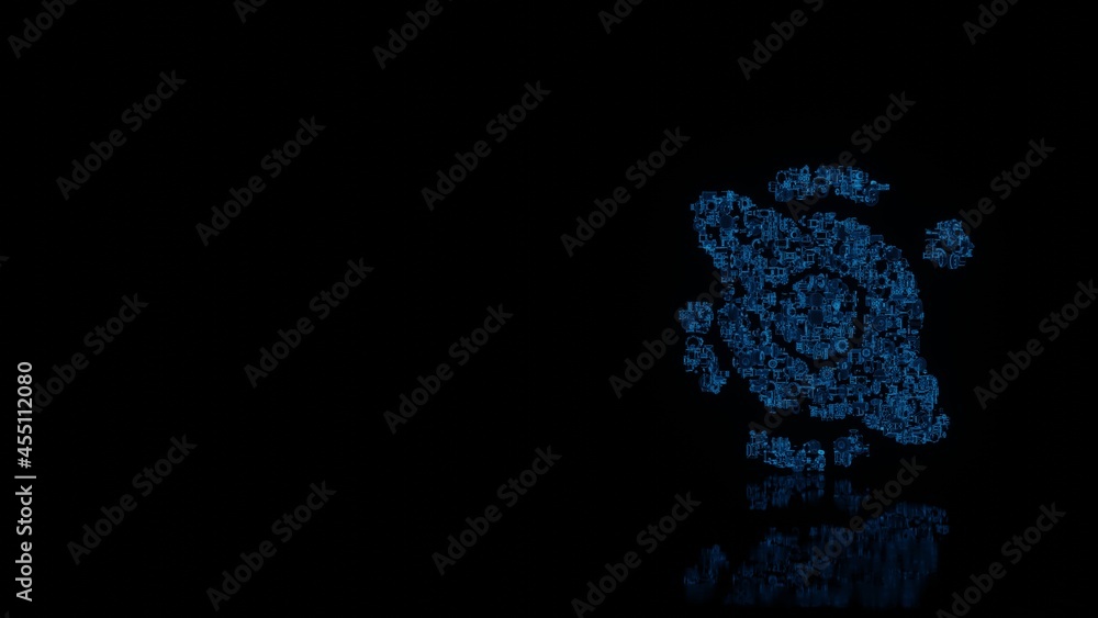Poster 3d rendering mechanical parts in shape of symbol of black hole isolated on black background with flo