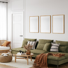 Friendly interior style. living room. Frame mockup. Poster mockup. 3d rendering, 3d illustration - 455112075