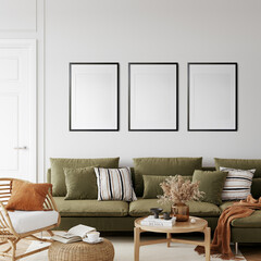 Friendly interior style. living room. Frame mockup. Poster mockup. 3d rendering, 3d illustration
