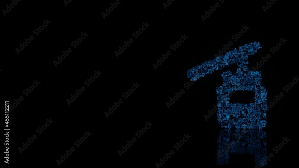 Poster 3d rendering mechanical parts in shape of symbol of cable car isolated on black background with floo