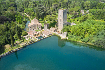 transverse aerial view of the gardens of nymph in the country of cisterna di latina - obrazy, fototapety, plakaty