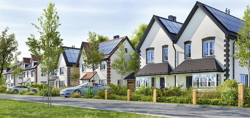 Beautiful residential buildings with solar panels on a sunny day