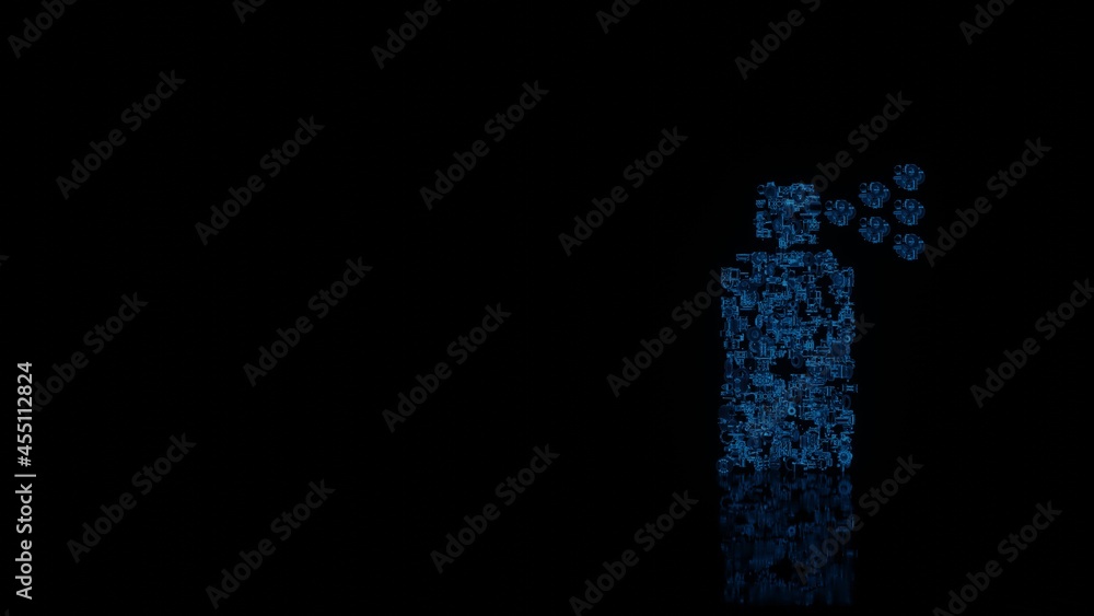 Poster 3d rendering mechanical parts in shape of symbol of disinfection spray isolated on black background 