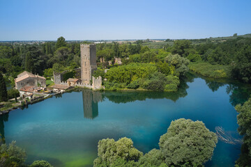 aerial view of the gardens of ninfa in the country of cisterna di latina - obrazy, fototapety, plakaty