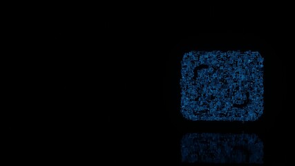 3d rendering mechanical parts in shape of symbol of display frame camera isolated on black background with floor reflection