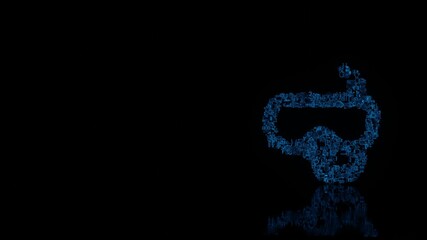 3d rendering mechanical parts in shape of symbol of diving goggles isolated on black background with floor reflection