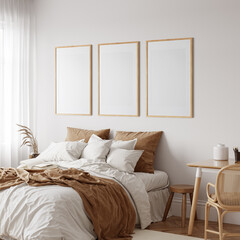 Friendly interior style. Bedroom room. Frame mockup. Poster mockup. 3d rendering, 3d illustration