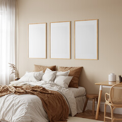 Friendly interior style. Bedroom room. Frame mockup. Poster mockup. 3d rendering, 3d illustration