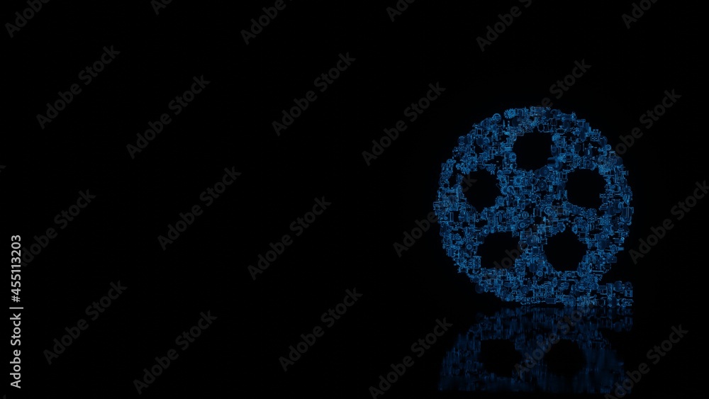 Poster 3d rendering mechanical parts in shape of symbol of film isolated on black background with floor ref