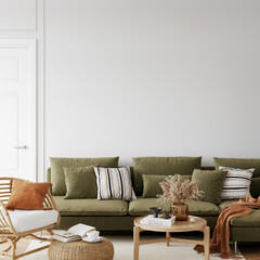 Friendly interior style. living room. Wall mockup. Wall art. 3d rendering, 3d illustration - 455113464