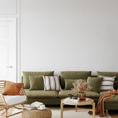 Fotobehang Boho Friendly interior style. living room. Wall mockup. Wall art. 3d rendering, 3d illustration  © Yuri-U