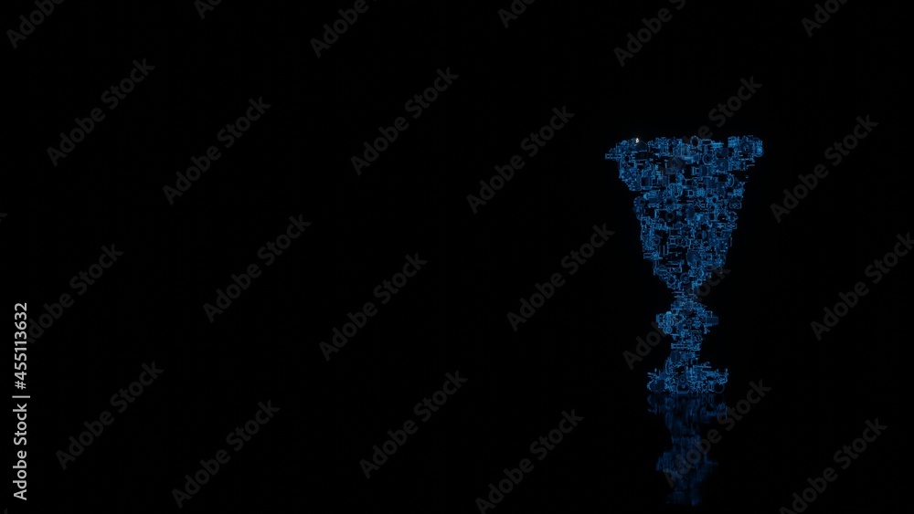 Poster 3d rendering mechanical parts in shape of symbol of glass isolated on black background with floor re