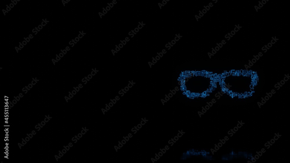 Poster 3d rendering mechanical parts in shape of symbol of glasses fashion isolated on black background wit