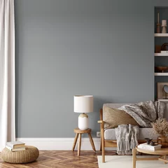 Fotobehang Boho Friendly interior style. living room. Wall mockup. Wall art. 3d rendering, 3d illustration  © Yuri-U