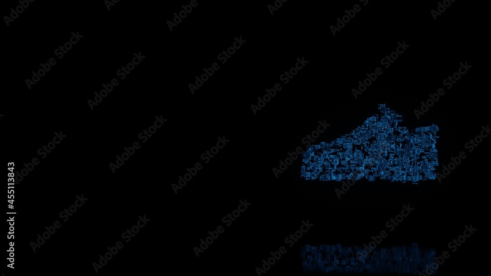 Poster 3d rendering mechanical parts in shape of symbol of groom shoe isolated on black background with flo