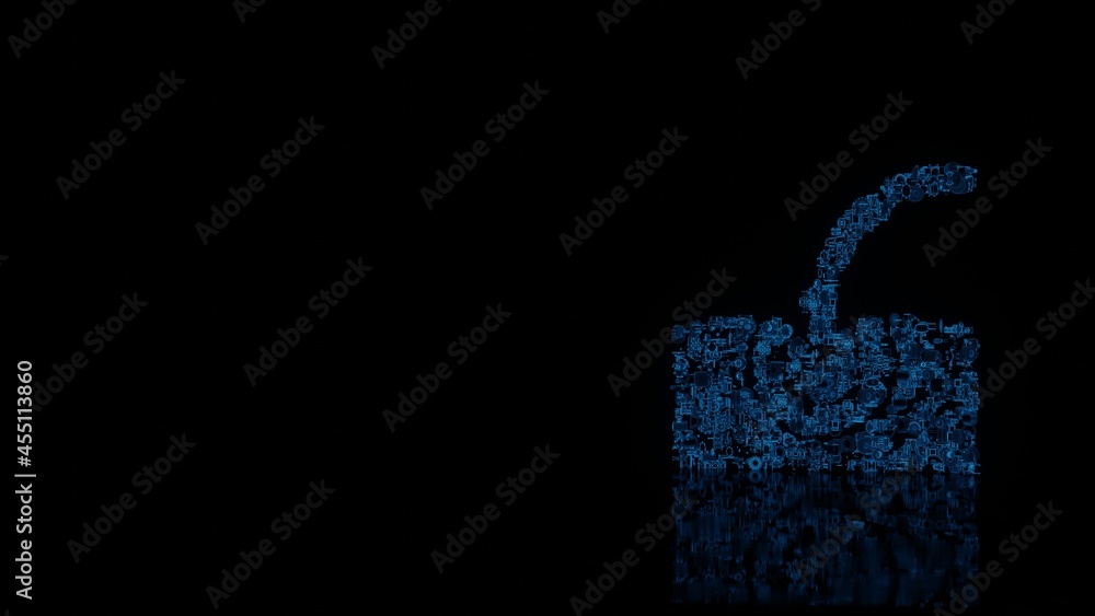 Poster 3d rendering mechanical parts in shape of symbol of hair isolated on black background with floor ref