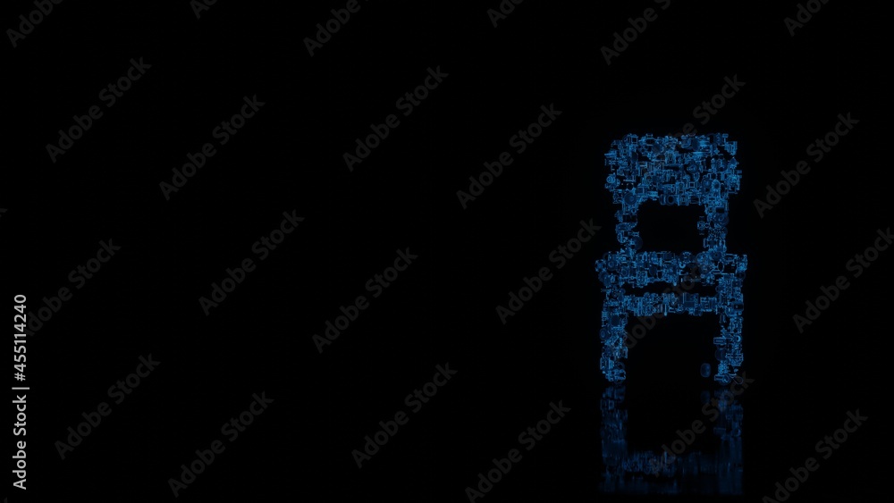 Poster 3d rendering mechanical parts in shape of symbol of chair isolated on black background with floor re