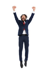 businessman jumping out of happiness and celebrating succes