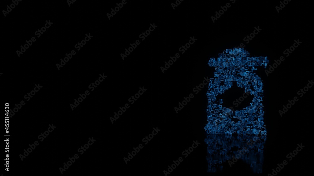 Poster 3d rendering mechanical parts in shape of symbol of japanese woman isolated on black background with