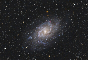 The Triangulum Galaxy M33  in the Triangulum constellation  with Nebula ,Open Cluster, Globular Cluster and stars, as seen from Tuscany, Italy with a refracting telescope and a cooled camera