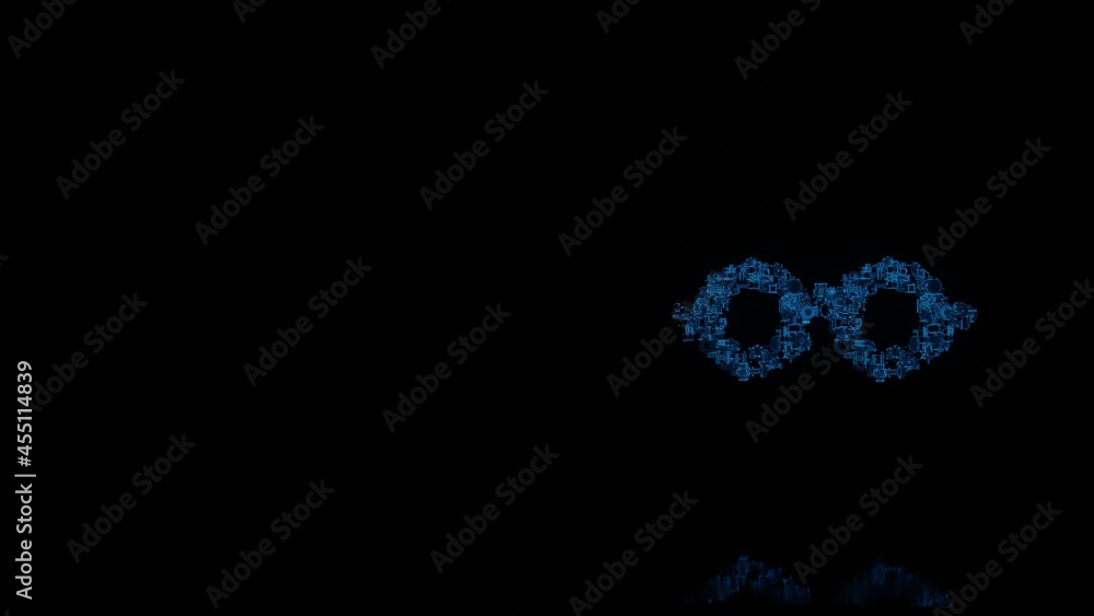 Poster 3d rendering mechanical parts in shape of symbol of lennon glasses isolated on black background with