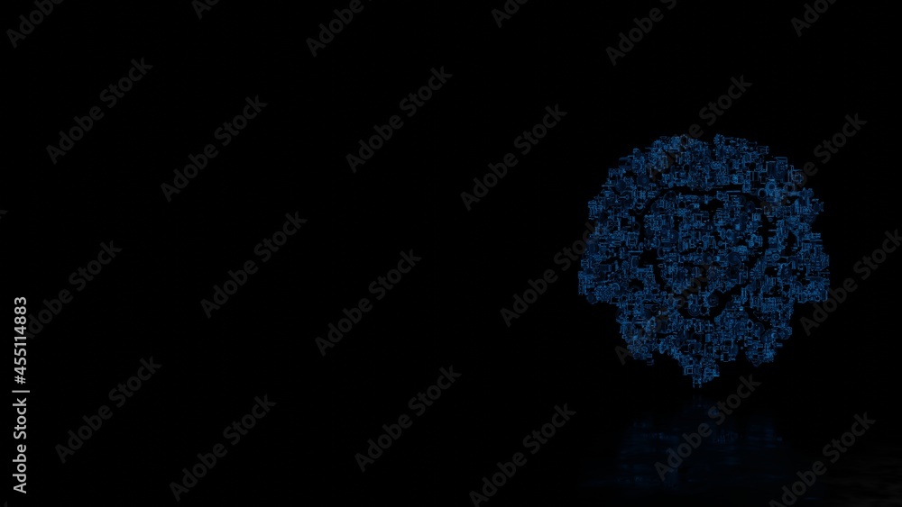 Poster 3d rendering mechanical parts in shape of symbol of lion head isolated on black background with floo