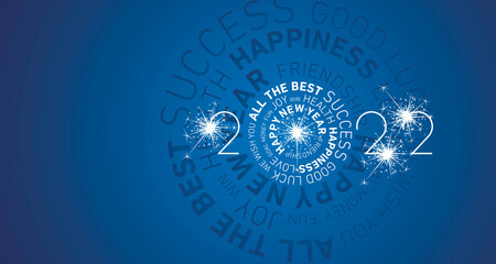Happy New Year 2022 modern circle word cloud text with sparkle firework white blue greeting card