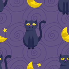 Halloween seamless pattern. Cute black cat and the moon. Vector illustration