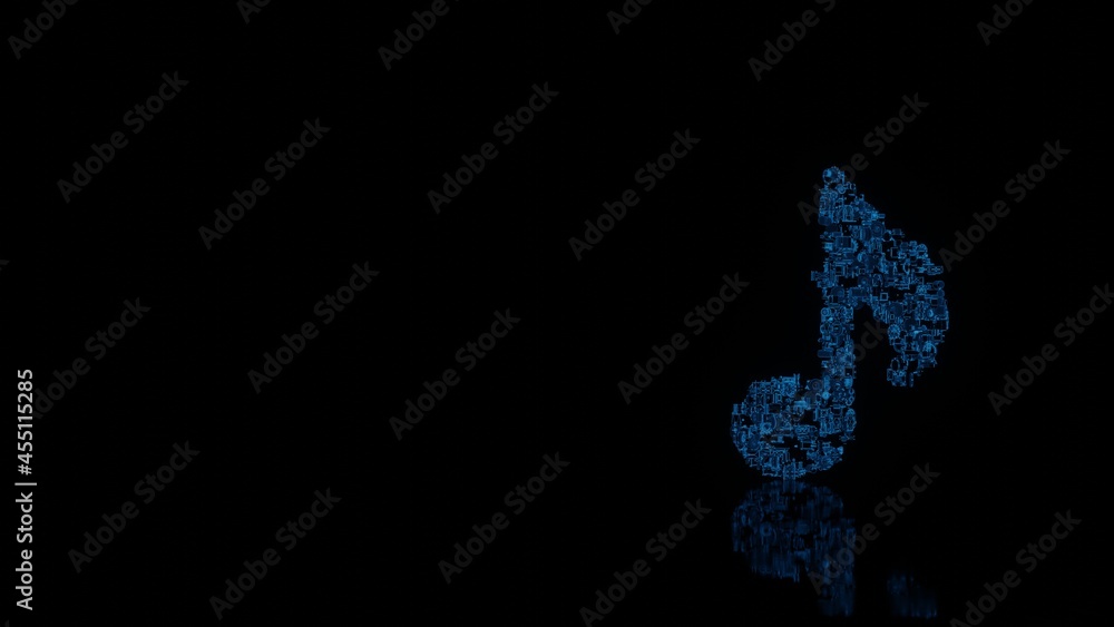Poster 3d rendering mechanical parts in shape of symbol of musical note isolated on black background with f