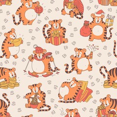Obraz premium Seamless pattern with cute tigers. Festive background with funny chinese new year symbol tigris. Vector cartoon characters illustration