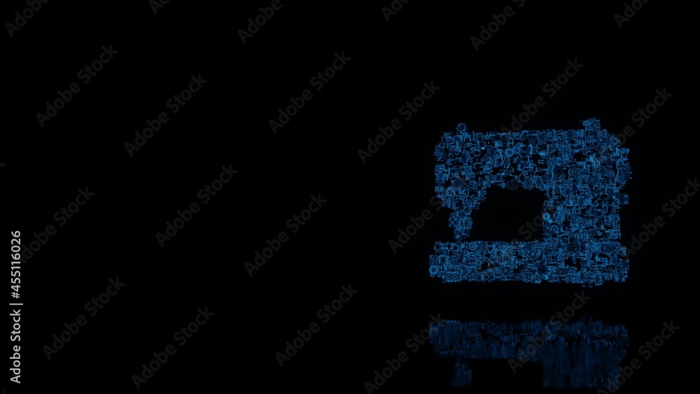 Poster 3d rendering mechanical parts in shape of symbol of sewing machine isolated on black background with