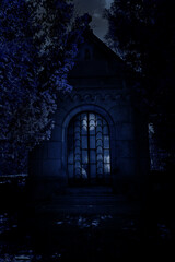 Obraz premium Family tomb in the cemetery with moonlight