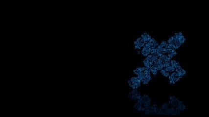 3d rendering mechanical parts in shape of symbol of space satellite isolated on black background with floor reflection