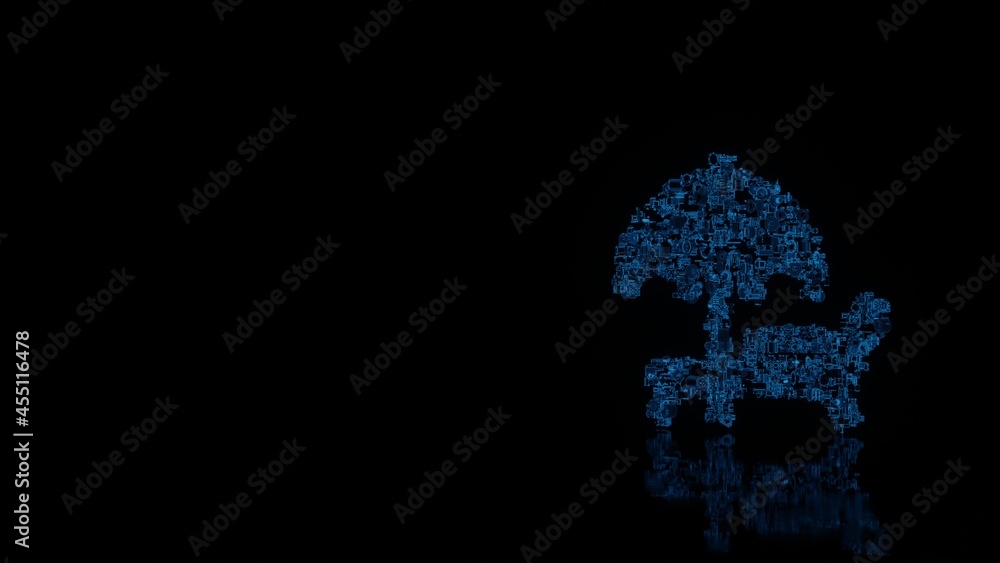 Poster 3d rendering mechanical parts in shape of symbol of sunbed isolated on black background with floor r