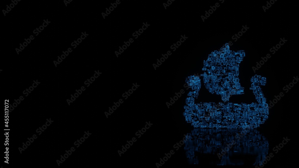Poster 3d rendering mechanical parts in shape of symbol of viking boat isolated on black background with fl