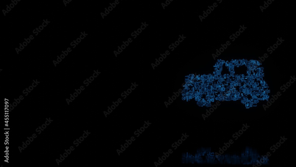 Poster 3d rendering mechanical parts in shape of symbol of vintage car isolated on black background with fl