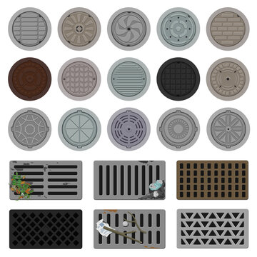 Manhole sewer vector cartoon icon set . Collection vector illustration hatch street on white background. Isolated cartoon illustration icon set of manhole for web design.