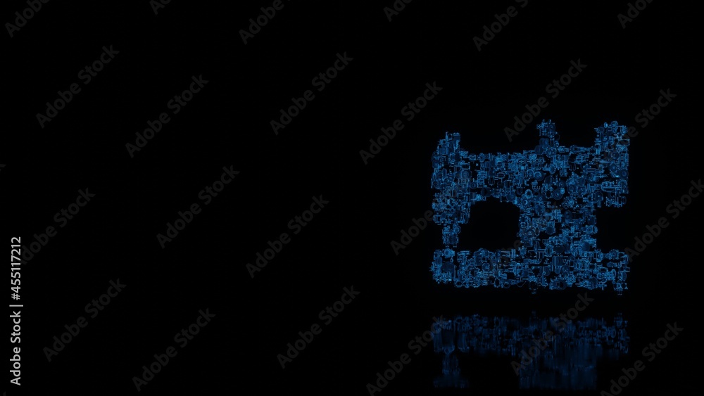 Poster 3d rendering mechanical parts in shape of symbol of vintage sewing machine isolated on black backgro