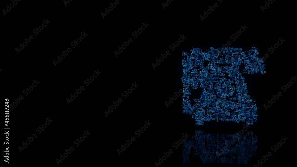 Poster 3d rendering mechanical parts in shape of symbol of vintage telephone isolated on black background w
