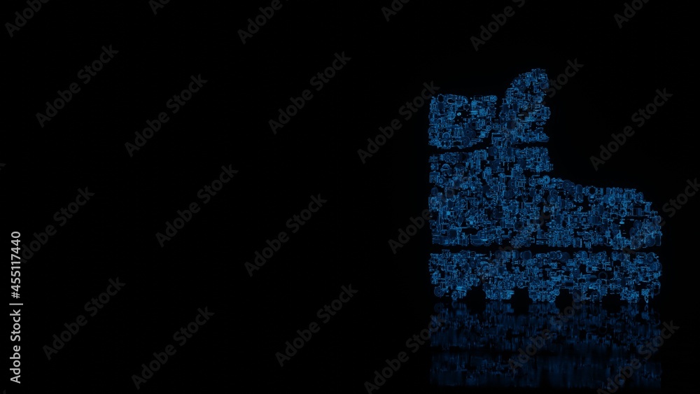 Poster 3d rendering mechanical parts in shape of symbol of work shoes isolated on black background with flo