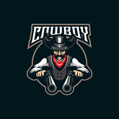 Cowboy mascot logo design vector with modern illustration concept style for badge, emblem and t shirt printing. Cowboy illustration with guns in hand.