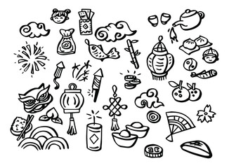 Set of object related to Chinese tradition in doodle style. Vector illustration.