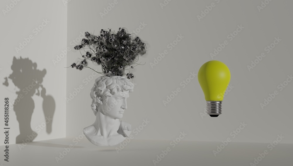 Poster brainstorming concept. david's head sprouting ideas in the form of light bulbs. 3d rendering