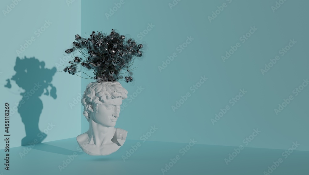 Poster brainstorming concept. david's head sprouting ideas in the form of light bulbs. 3d rendering