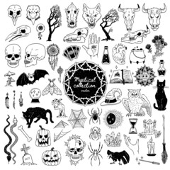 Big vector hand drawn set of mystical, occult, boho and witchcraft elements.