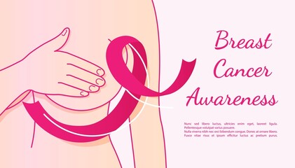 Concept of National Breast Cancer Awareness Month. Woman with pink ribbon on gray background, close up. Breast Self-Exams. Health care poster or banner template. Diagnostics. 