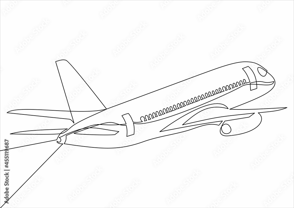 Poster one line drawing of isolated vector object - passenger airplane
