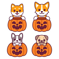 Cute cartoon dogs with Halloween pumpkins