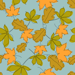 Fototapeta na wymiar One line pattern of leaves on a blue background . Graphics and illustrations
