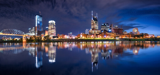 Nashville skyline during blue hour with river front